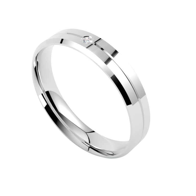 Płaska fazowana obrączka ślubna z białego złota z diamentem